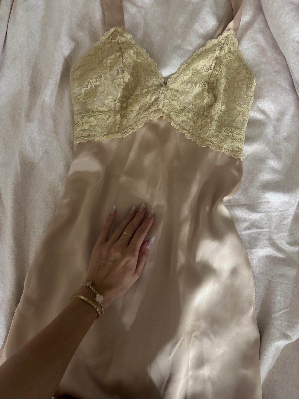 Silk-Feel Chemise Nightdress with Lace Bodice - Cream